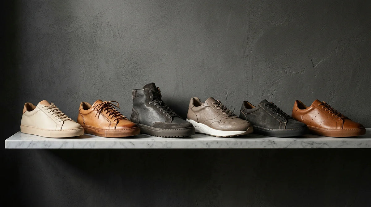 Curated collection of premium luxury sneakers on a marble shelf under dramatic lighting
