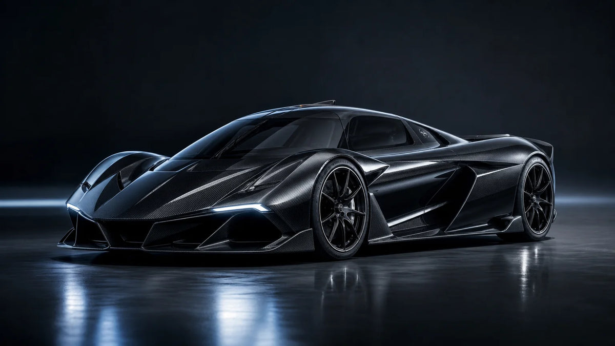 Futuristic electric hypercar displayed in a dark premium automotive studio.
