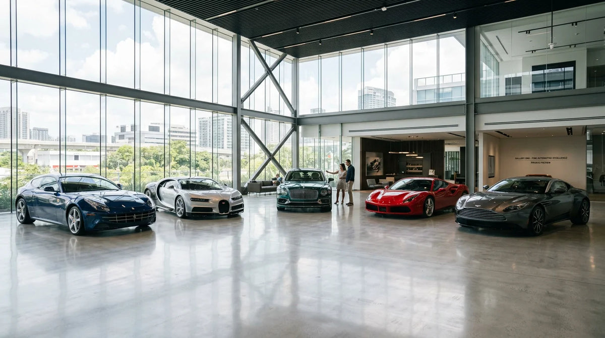 Row of exclusive luxury automobiles in a bright modern glass showroom