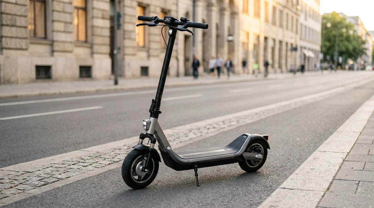 Modern electric scooter parked on a city street at golden hour
