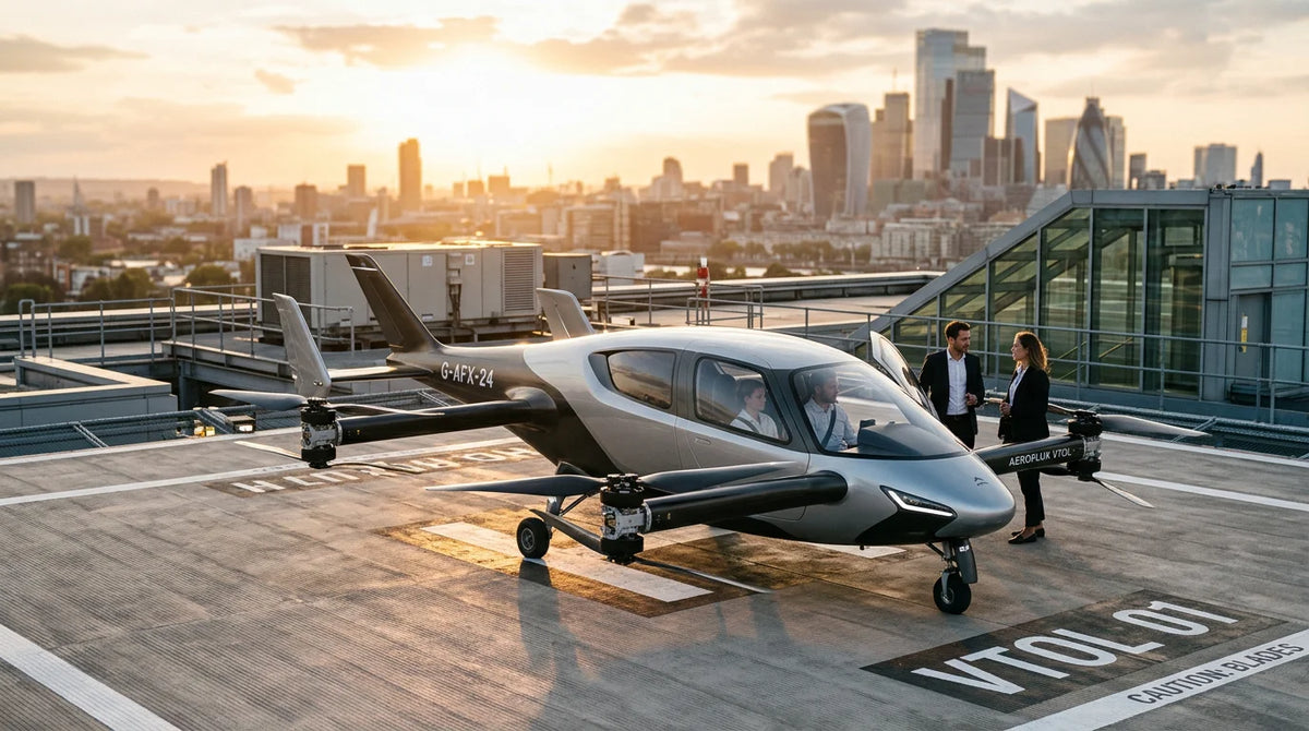 A sleek two-seat flying car parked on an urban rooftop helipad at golden hour