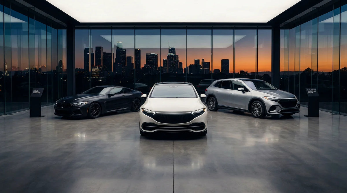 Three luxury vehicles in a modern showroom with city skyline at dusk representing the premium automotive market