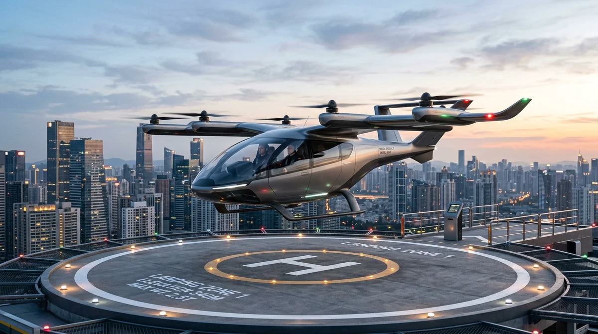 Futuristic personal flying car hovering above a modern landing pad at dawn