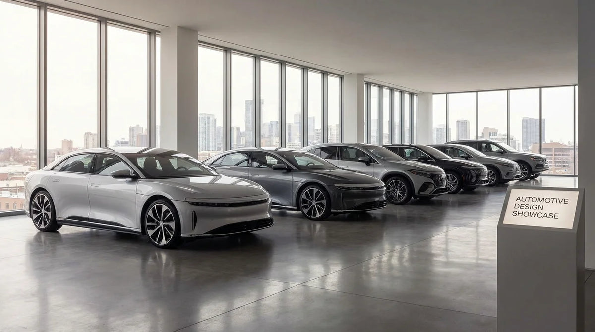 Luxury vehicles displayed in an upscale minimalist showroom