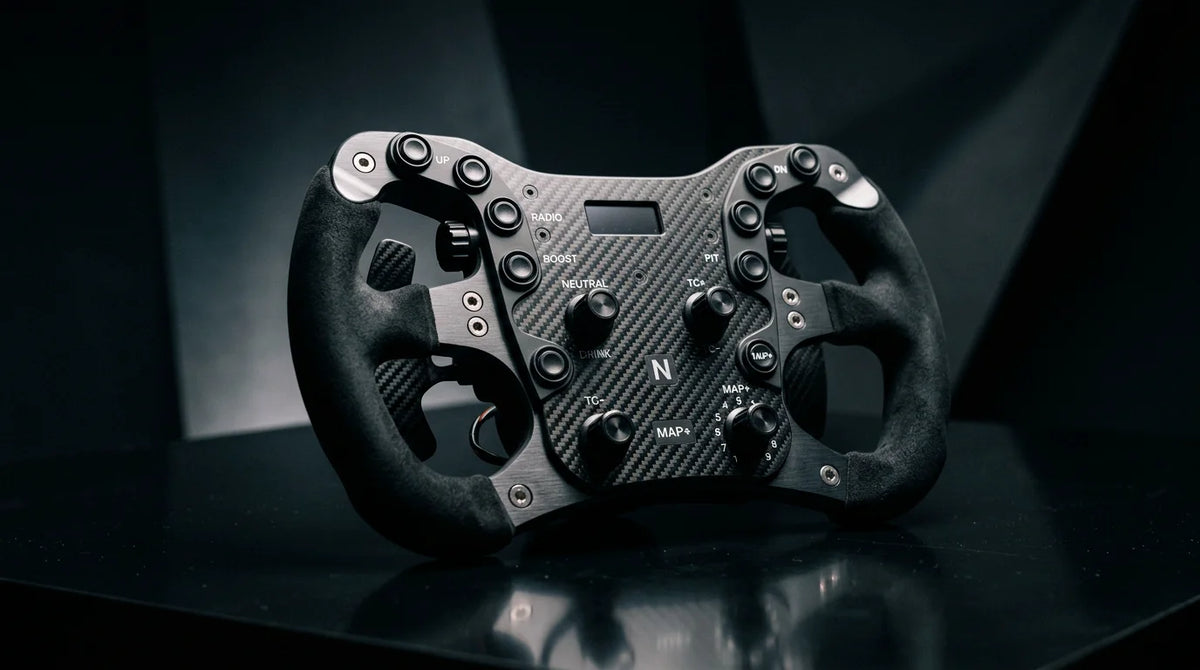 Premium motorsport steering wheel under studio lighting