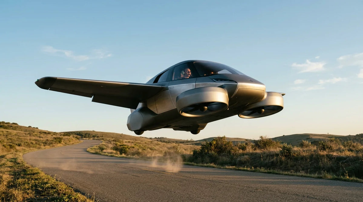 Electric flying car lifting vertically above a road at golden hour