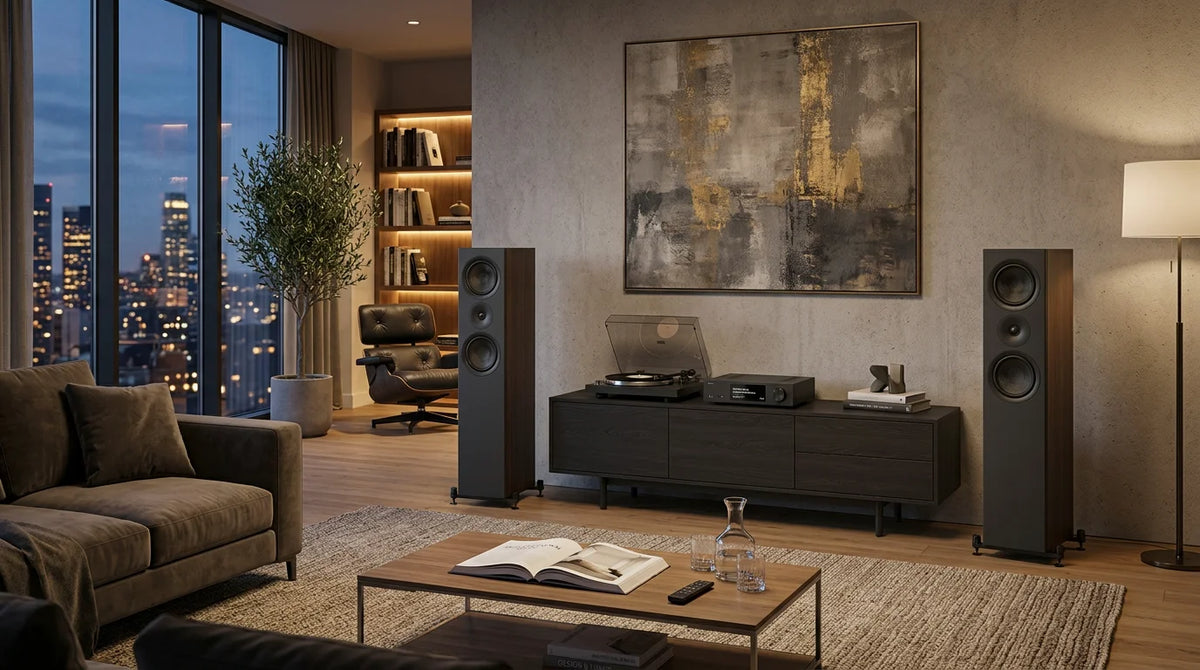 Luxury living room with floorstanding hi-fi loudspeakers at dusk