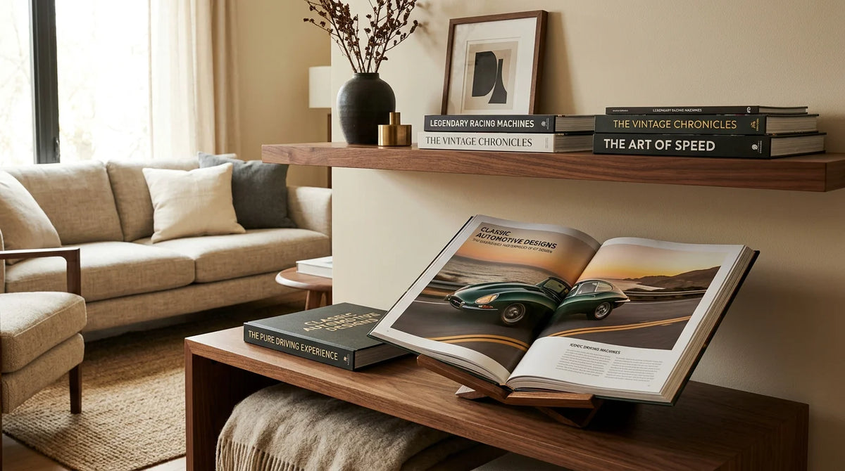 Curated shelf of automotive coffee table books in an elegant living room