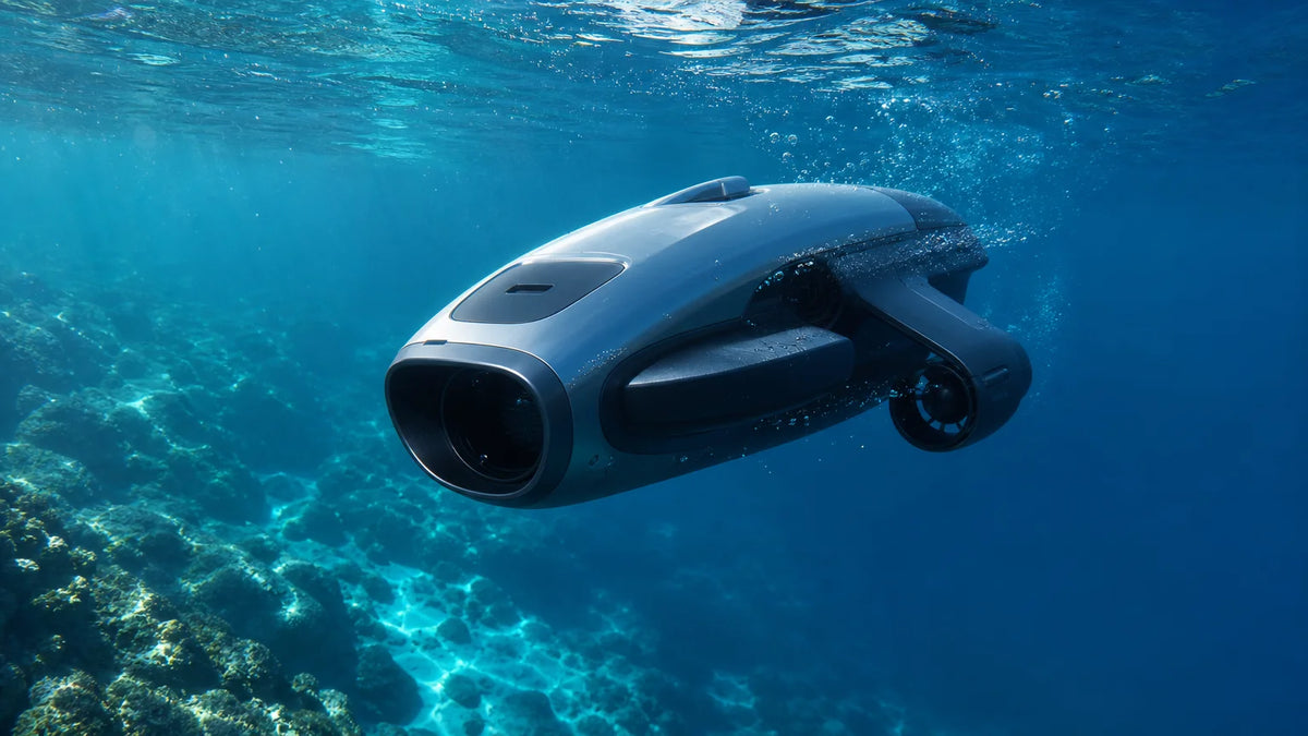 Sleek generic electric sea scooter gliding beneath clear coastal water