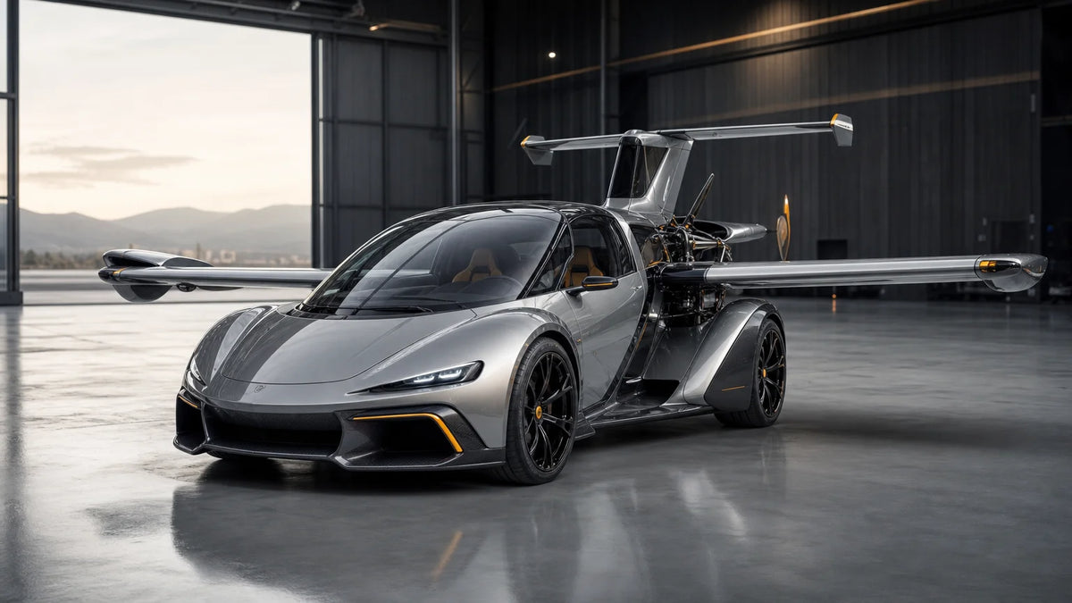 Rare road-and-air hybrid flying vehicle displayed in a modern private hangar.