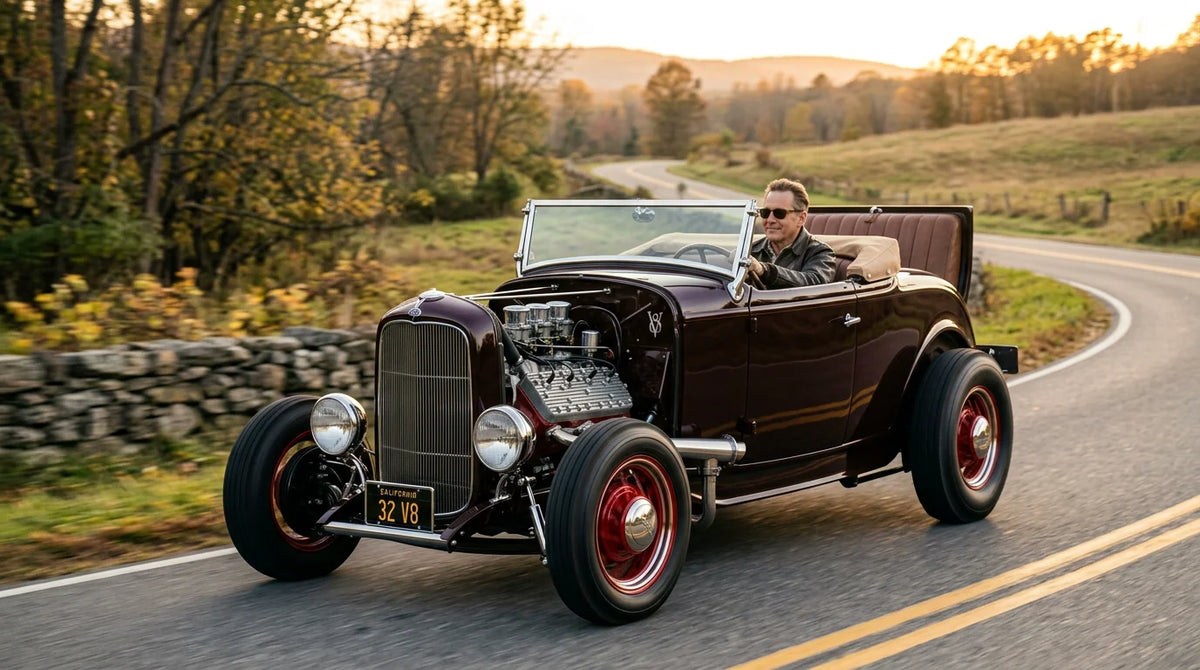 A 1932 Ford open convertible hot rod photographed on an open road at golden hour