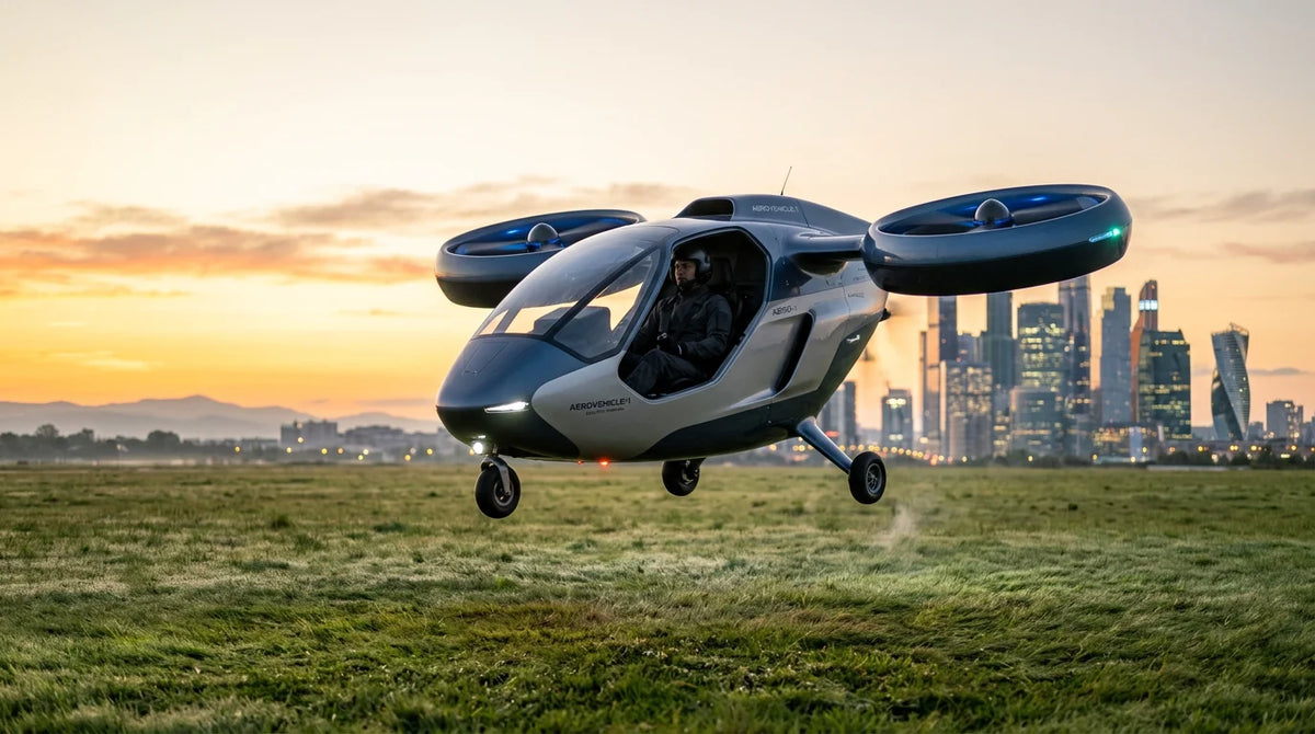Electric personal flying vehicle hovering above open ground near a city skyline