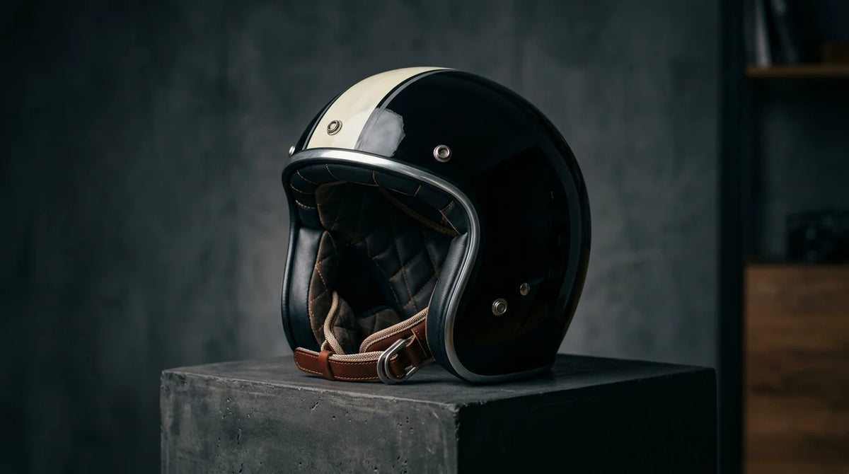 Premium cafe racer motorcycle helmet displayed on a pedestal under studio lighting