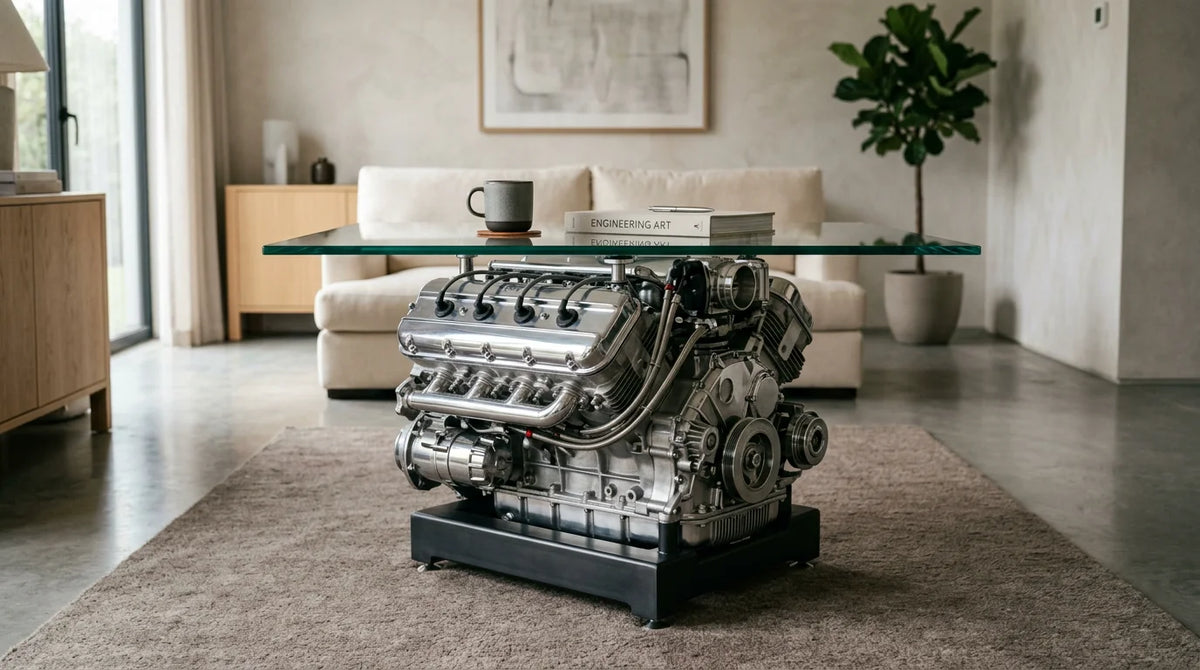 Restored V8 engine coffee table with glass top as a luxury interior centerpiece