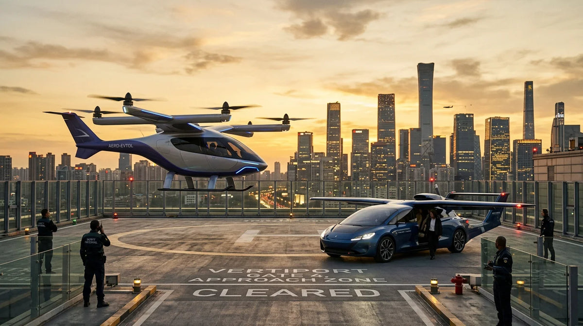An eVTOL aircraft and a flying car positioned together on an urban vertiport at sunset