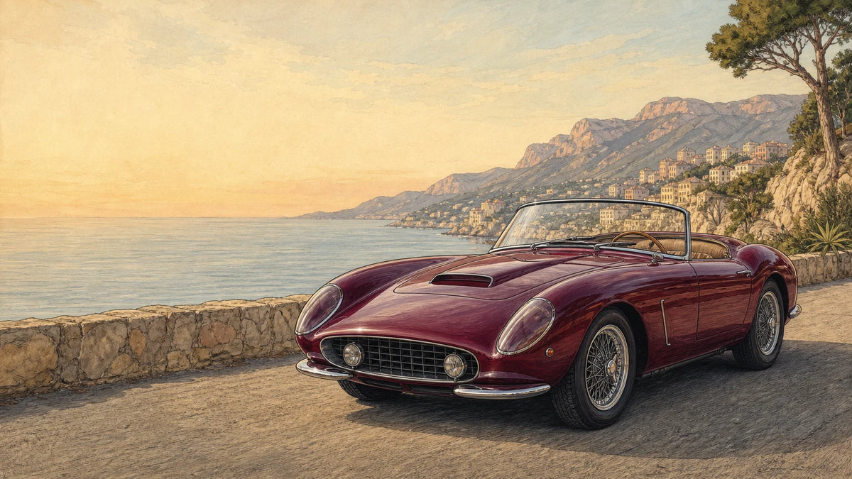 A 1961-style short-wheelbase vintage open-top Italian sports car on a quiet coastal road