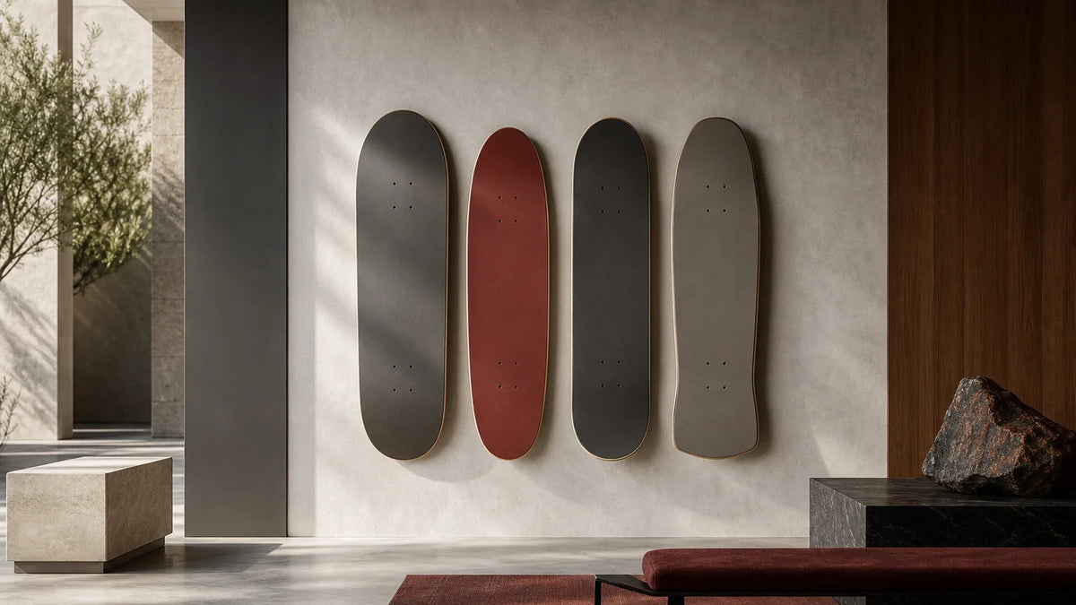 Curated blank skateboard decks displayed in a modern gallery interior.