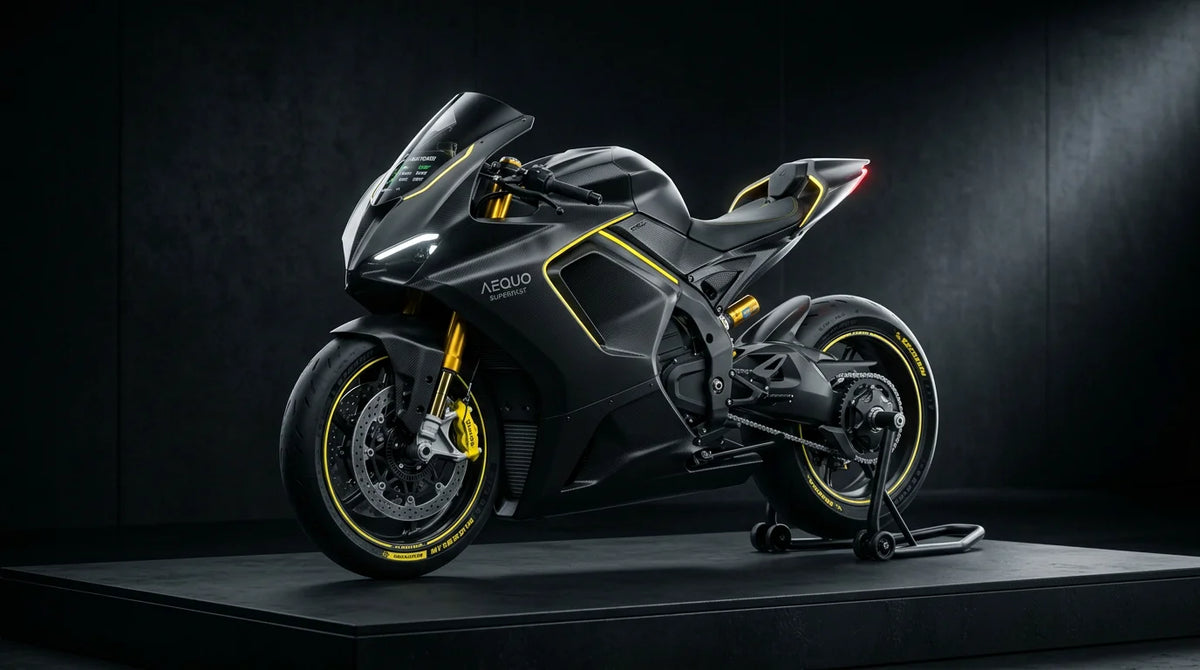 Futuristic electric superbike photographed in a dark minimalist studio