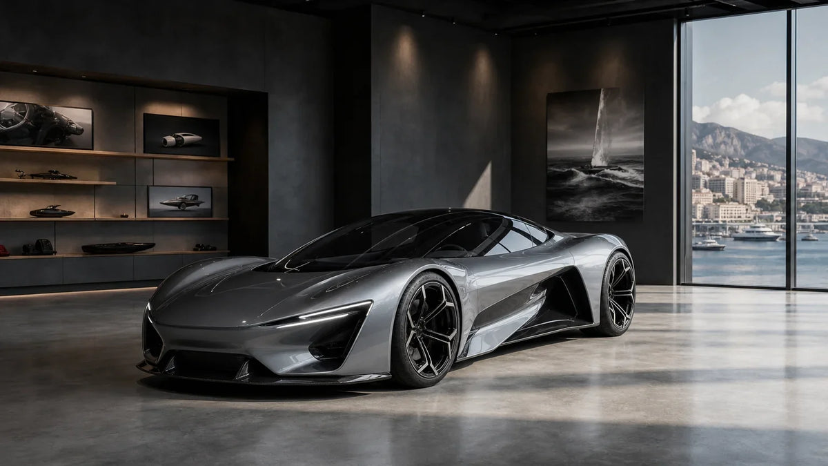 A concept car displayed in a refined mobility exhibition space.