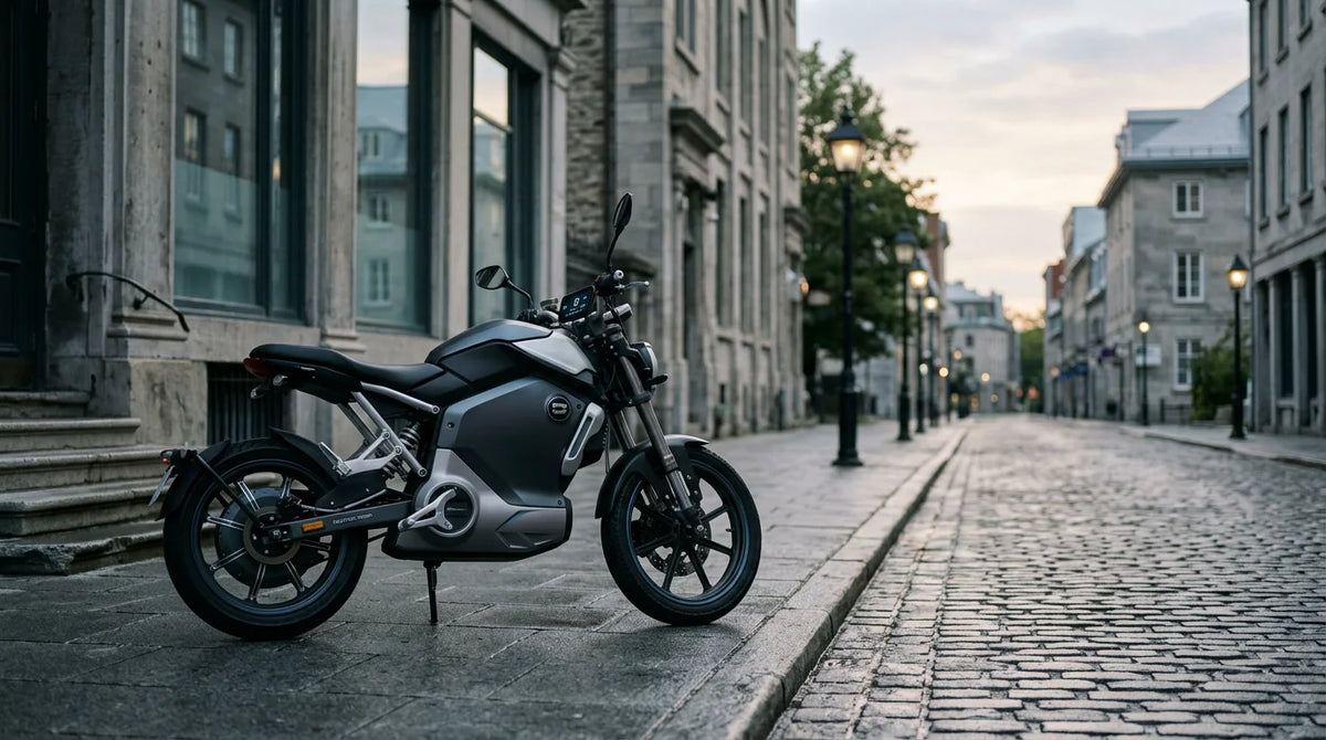 Modern electric motorcycle parked on a city street at dawn