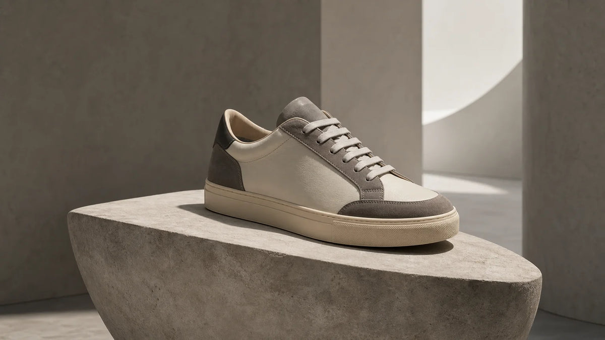 Premium unbranded low-top sneaker displayed on a stone pedestal