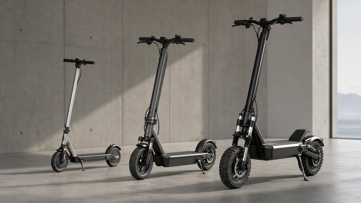 Three electric scooters arranged in a studio from a compact commuter model to a larger performance model.