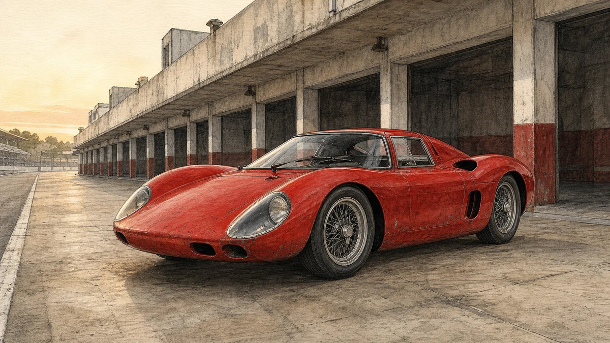 Red 1960s mid-engine endurance berlinetta in a historic pit lane