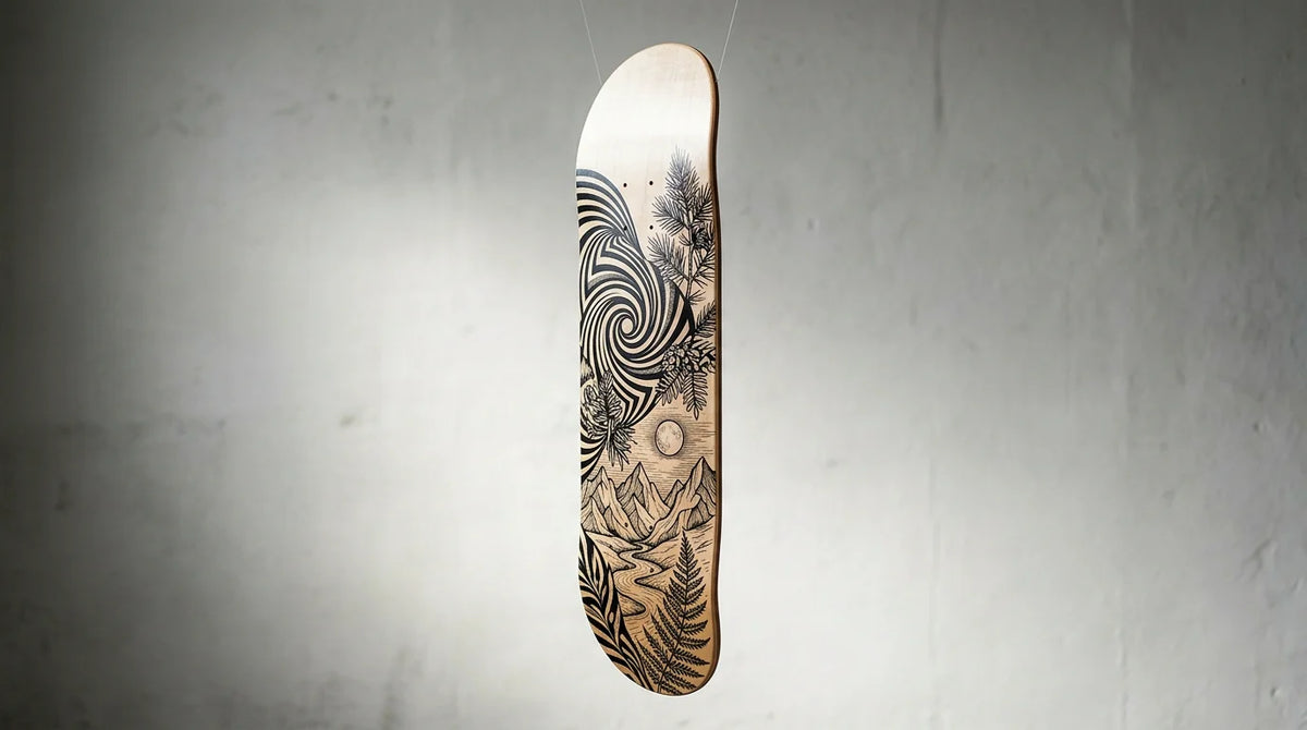 A premium designer skateboard deck displayed against a minimalist studio backdrop
