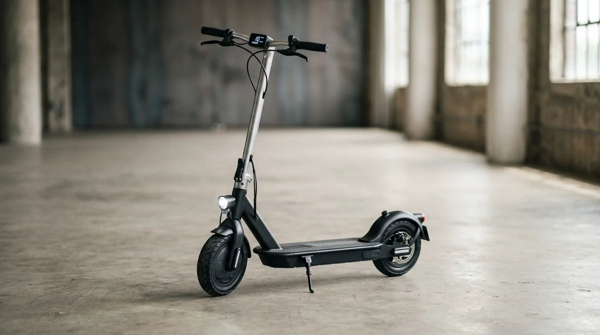 Modern electric scooter photographed at a three-quarter angle on a neutral concrete floor