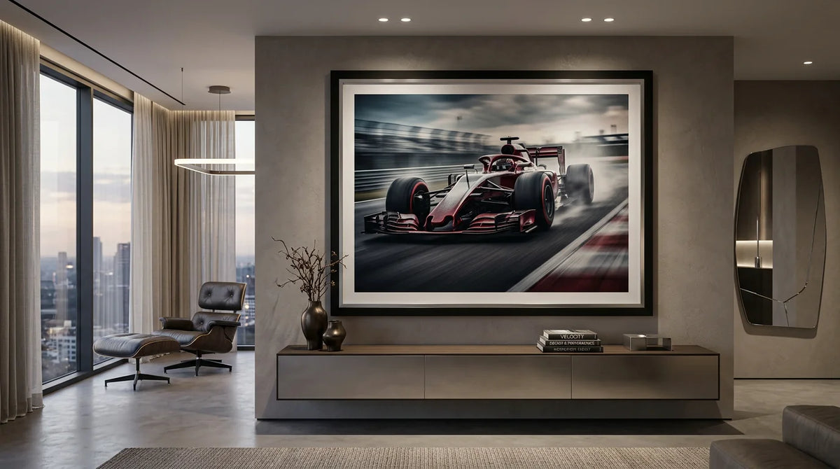 Framed motorsport artwork as a centrepiece in a luxury interior