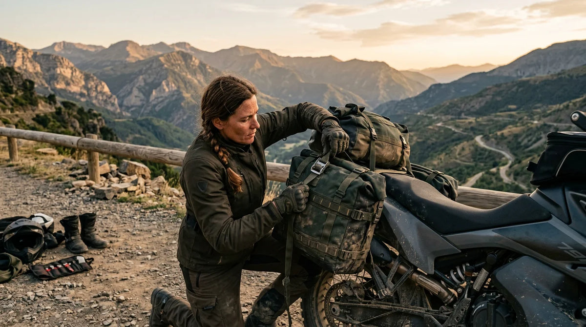 Rider securing soft panniers onto an adventure motorcycle at a scenic overlook