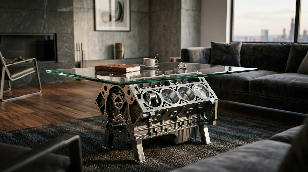 Luxury engine block coffee table with glass top in an upscale living room