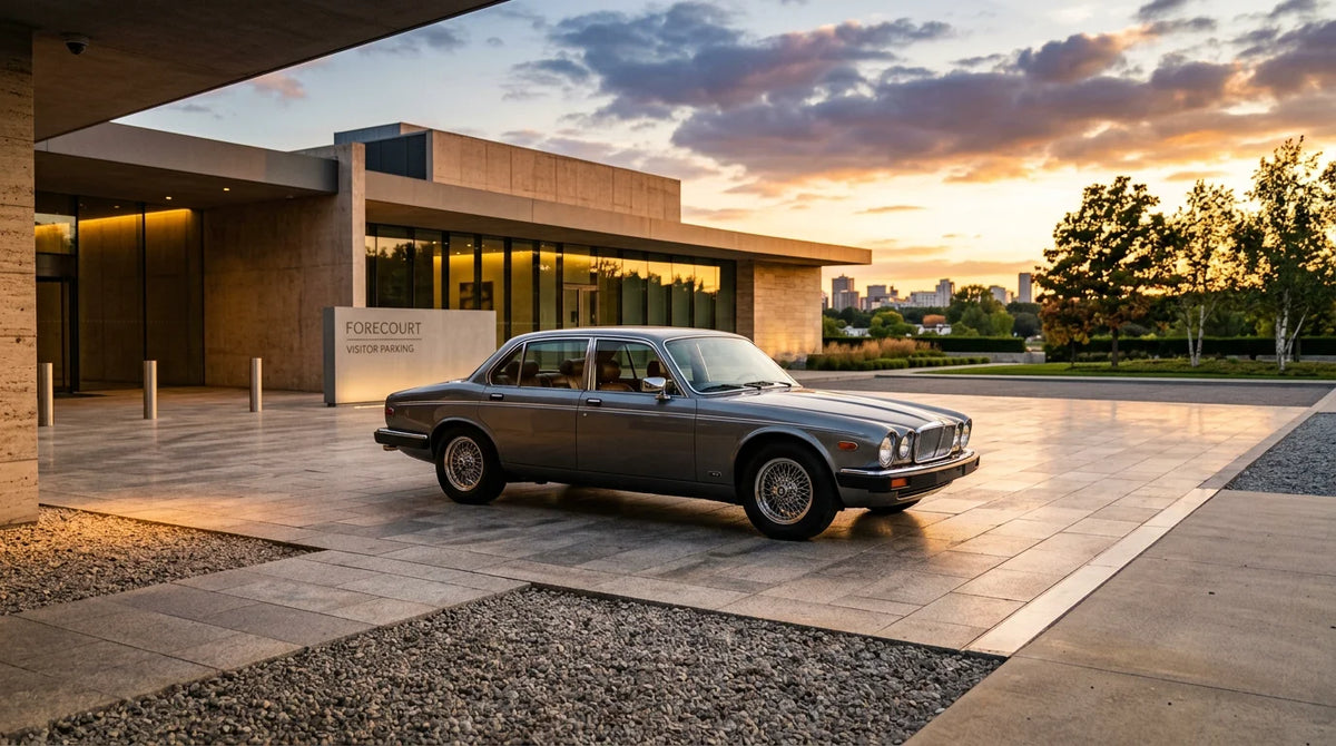 Elegant pre-owned luxury car parked on a modern forecourt at golden hour