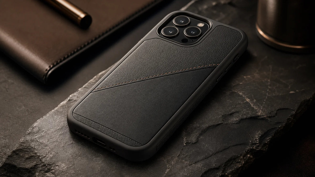 A premium smartphone case with refined leather finish displayed on a dark stone surface under soft studio light