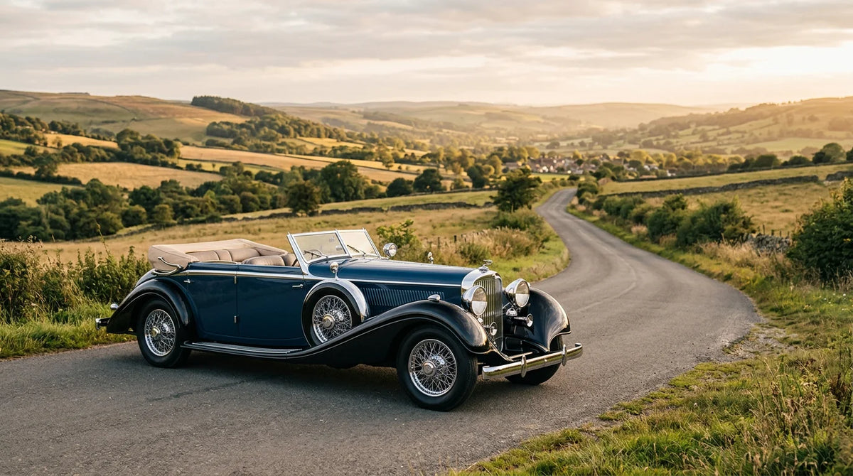 A majestic 1930s coachbuilt luxury car on an open road at golden hour