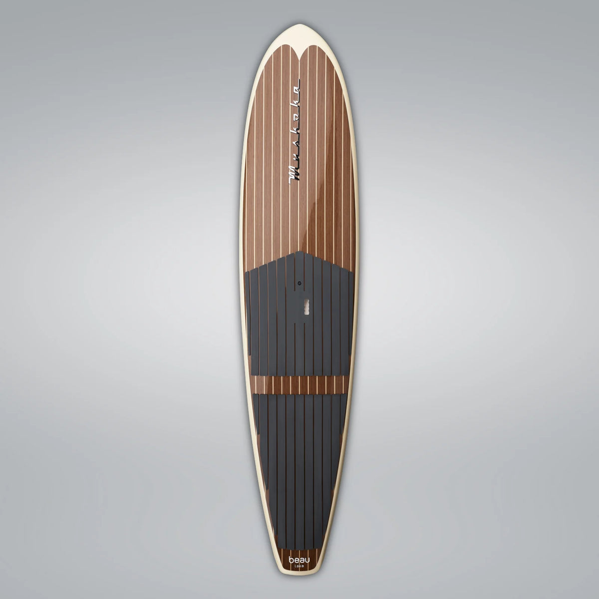 Wood-grain stand-up paddleboard with black traction pads viewed from above
