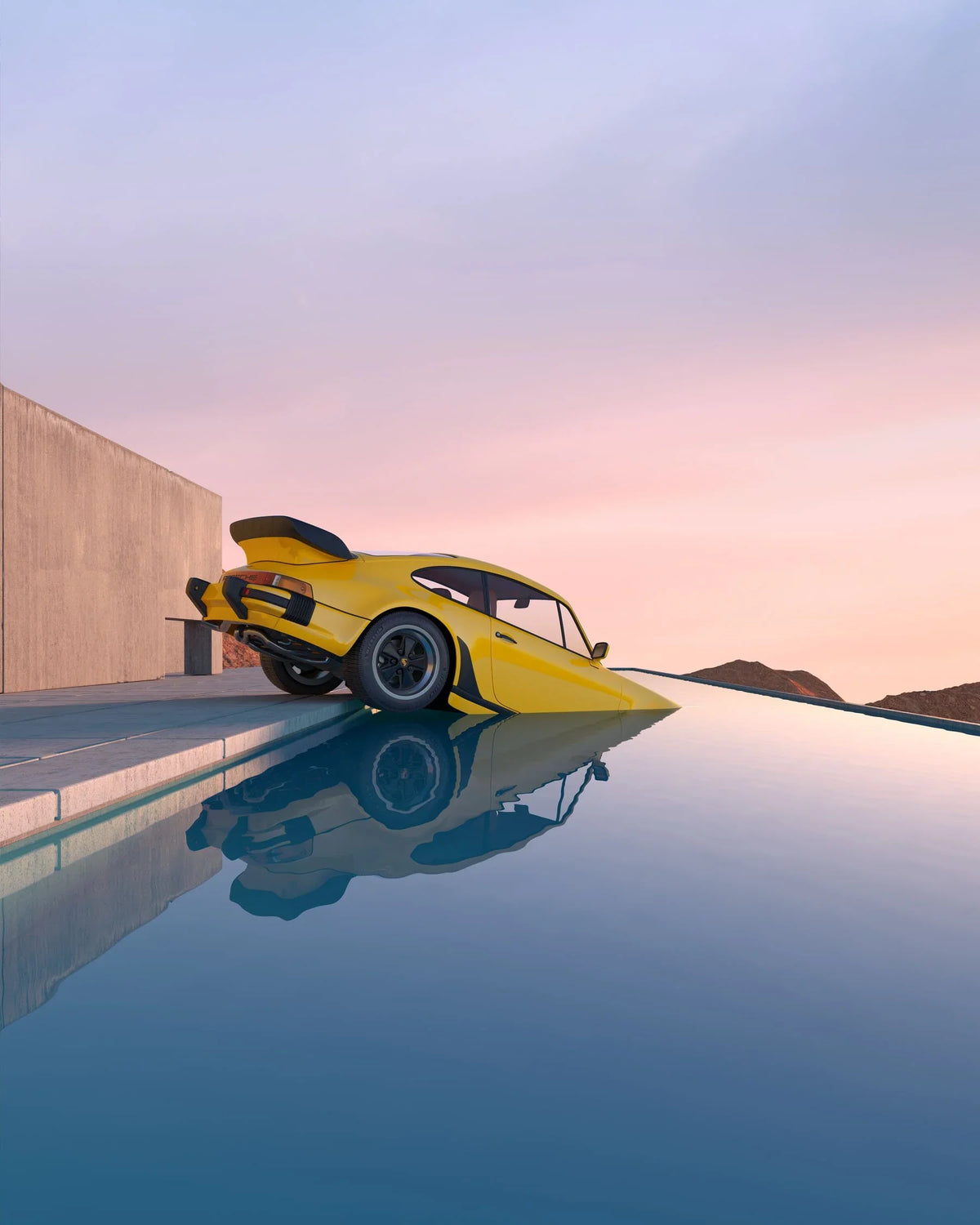 Chris Labrooy’s Yellow Porsche 911 Turbo in a pool; digital artwork, © Chris Labrooy.