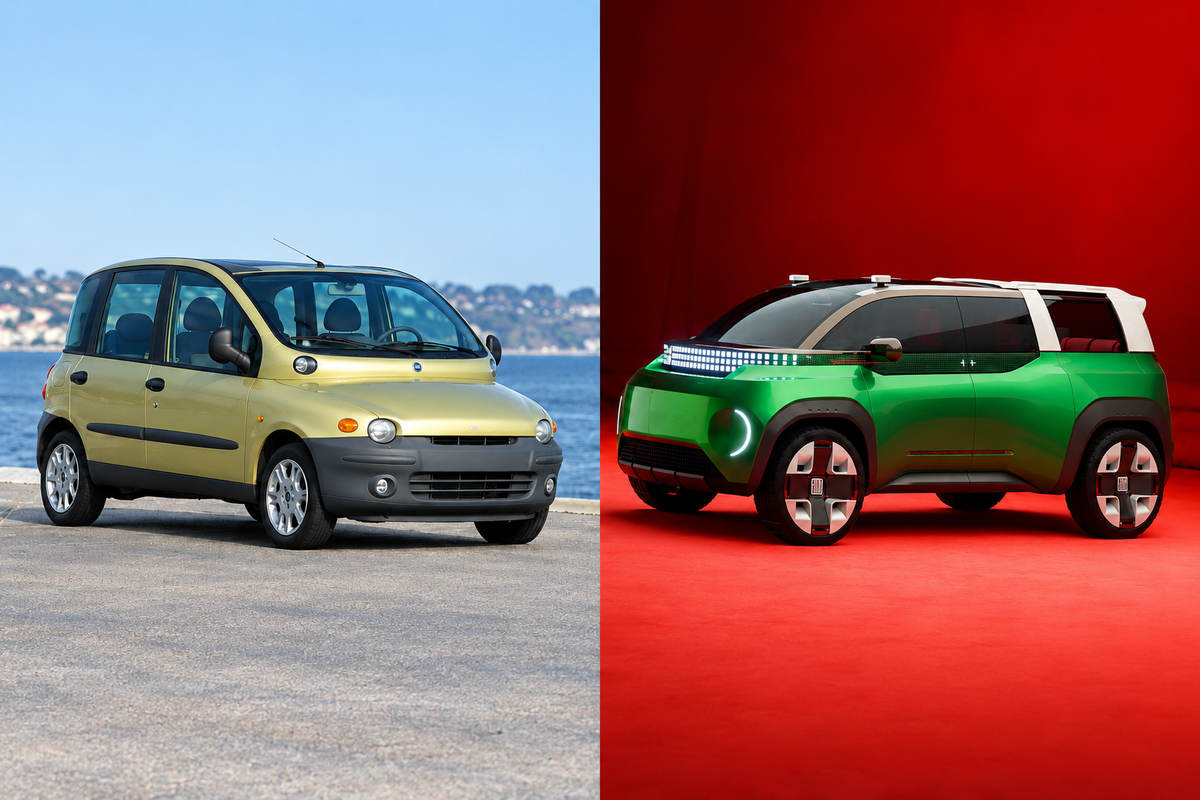 Editorial comparison artwork showing the 1998 Fiat Multipla beside the 2026 Fiat Multiplay concept.