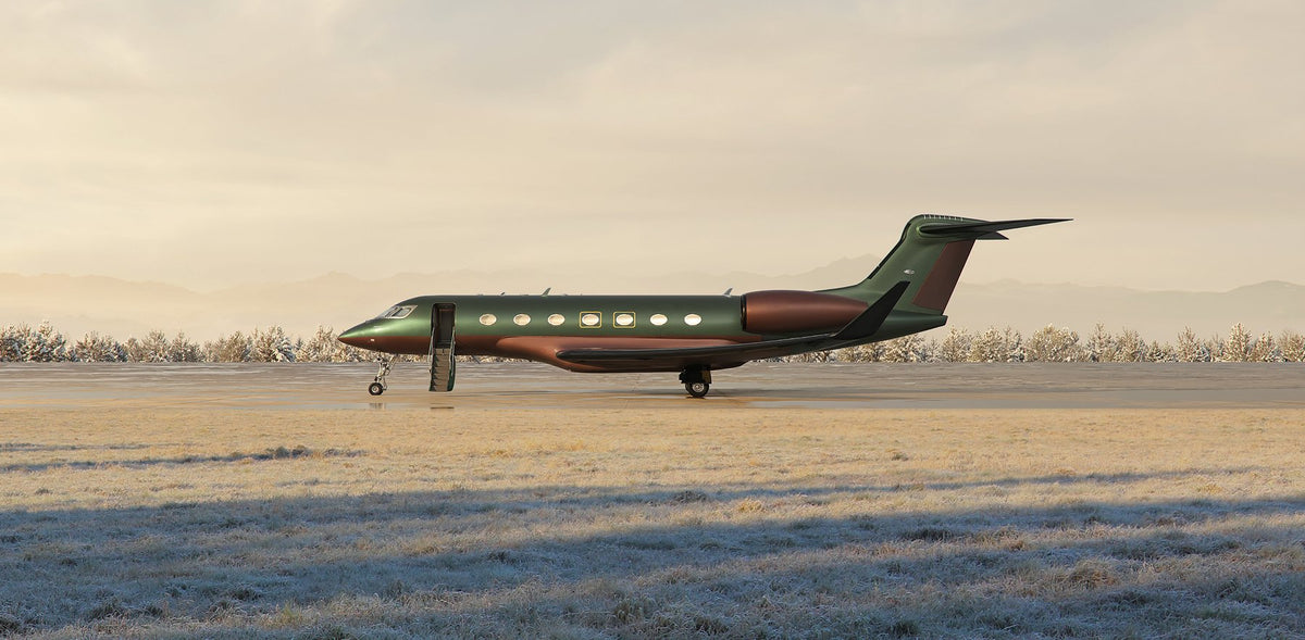 NIGO JET Gulfstream G500 proposed olive-green and copper-coloured livery, side-profile rendering