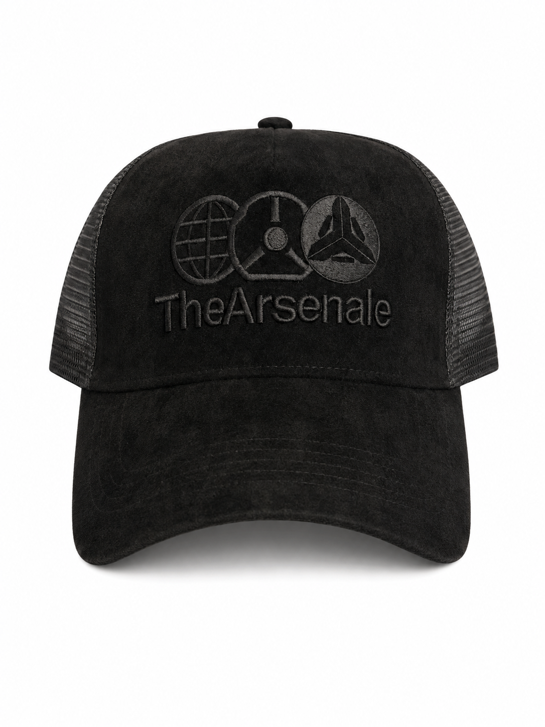 TheArsenale Black Trucker Cap with tonal embroidered logo and mesh back